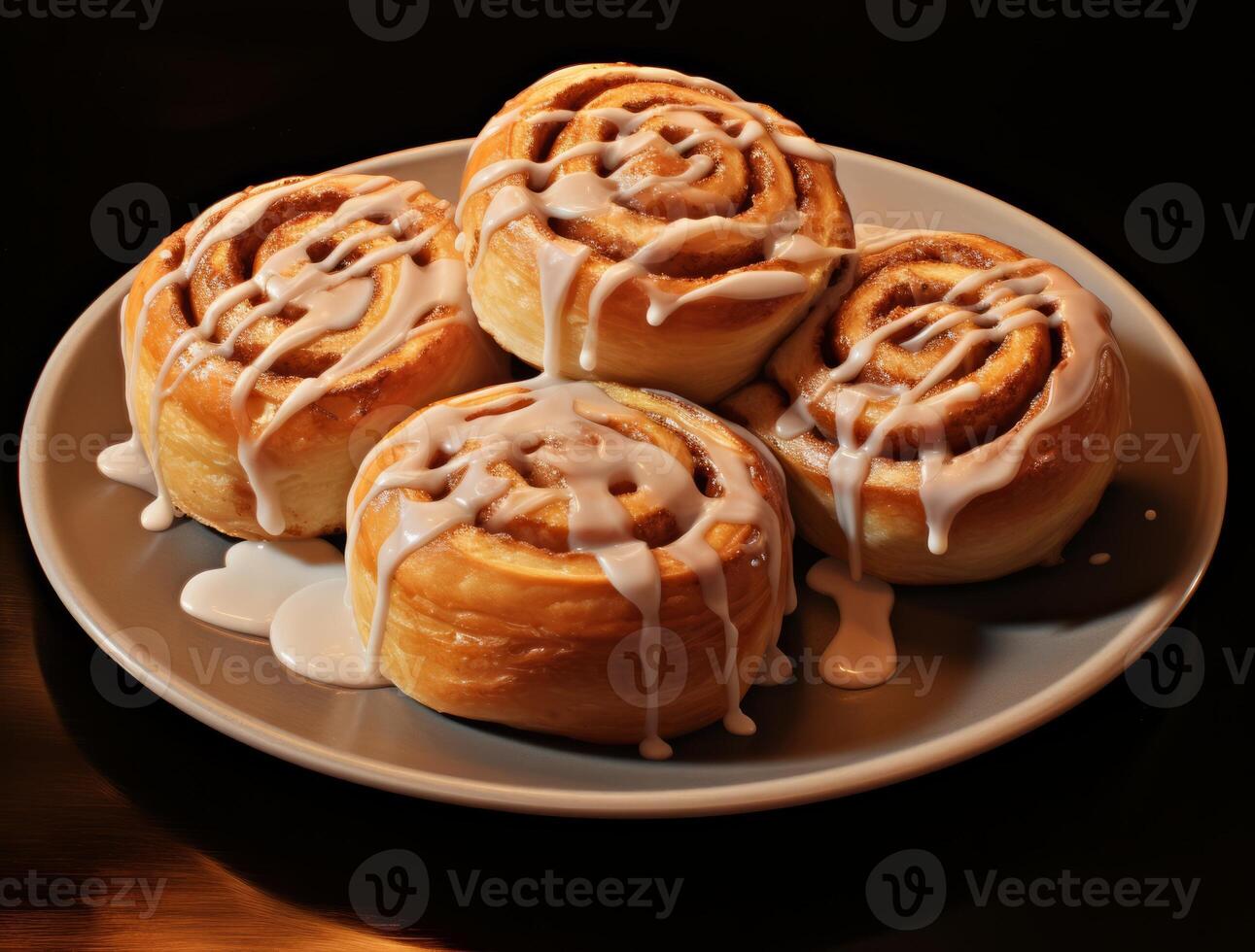AI generated Freshly baked cinnamon rolls on rustic kitchen photo