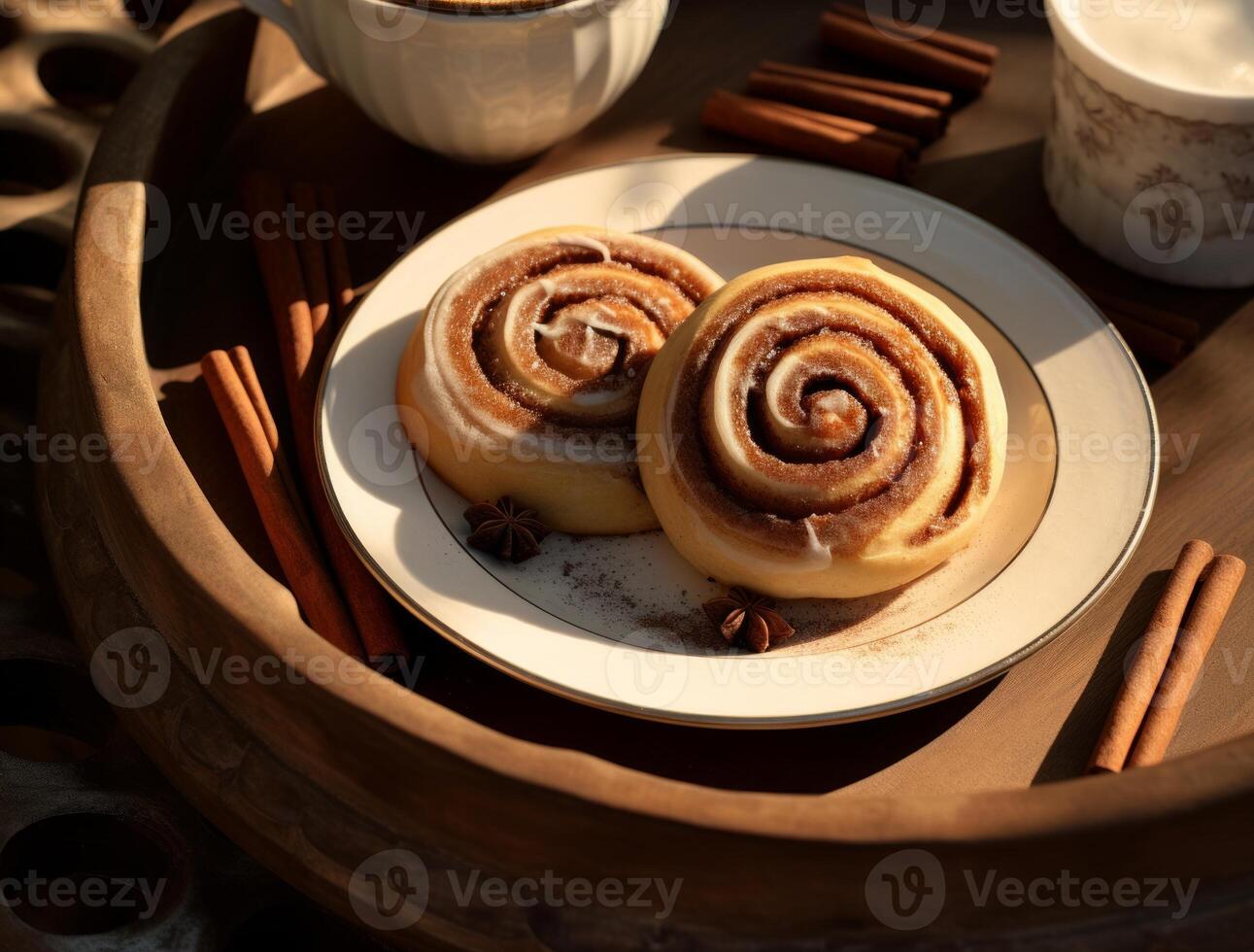 AI generated Freshly baked cinnamon rolls on rustic kitchen photo