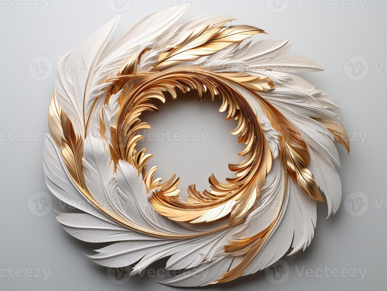 AI generated Beautiful golden and white feathers on a white background. photo