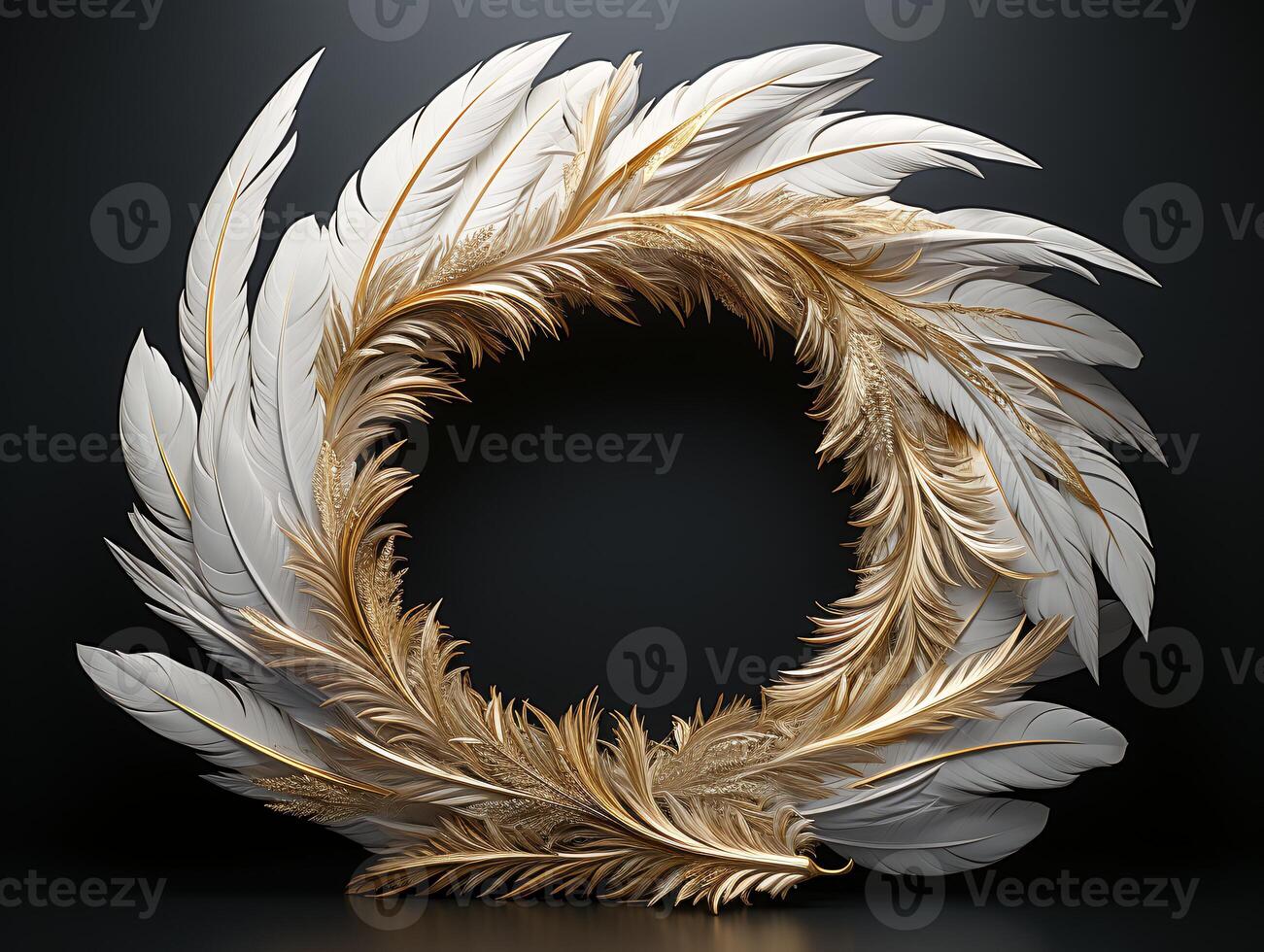 AI generated Beautiful golden and white feathers on a black background. photo