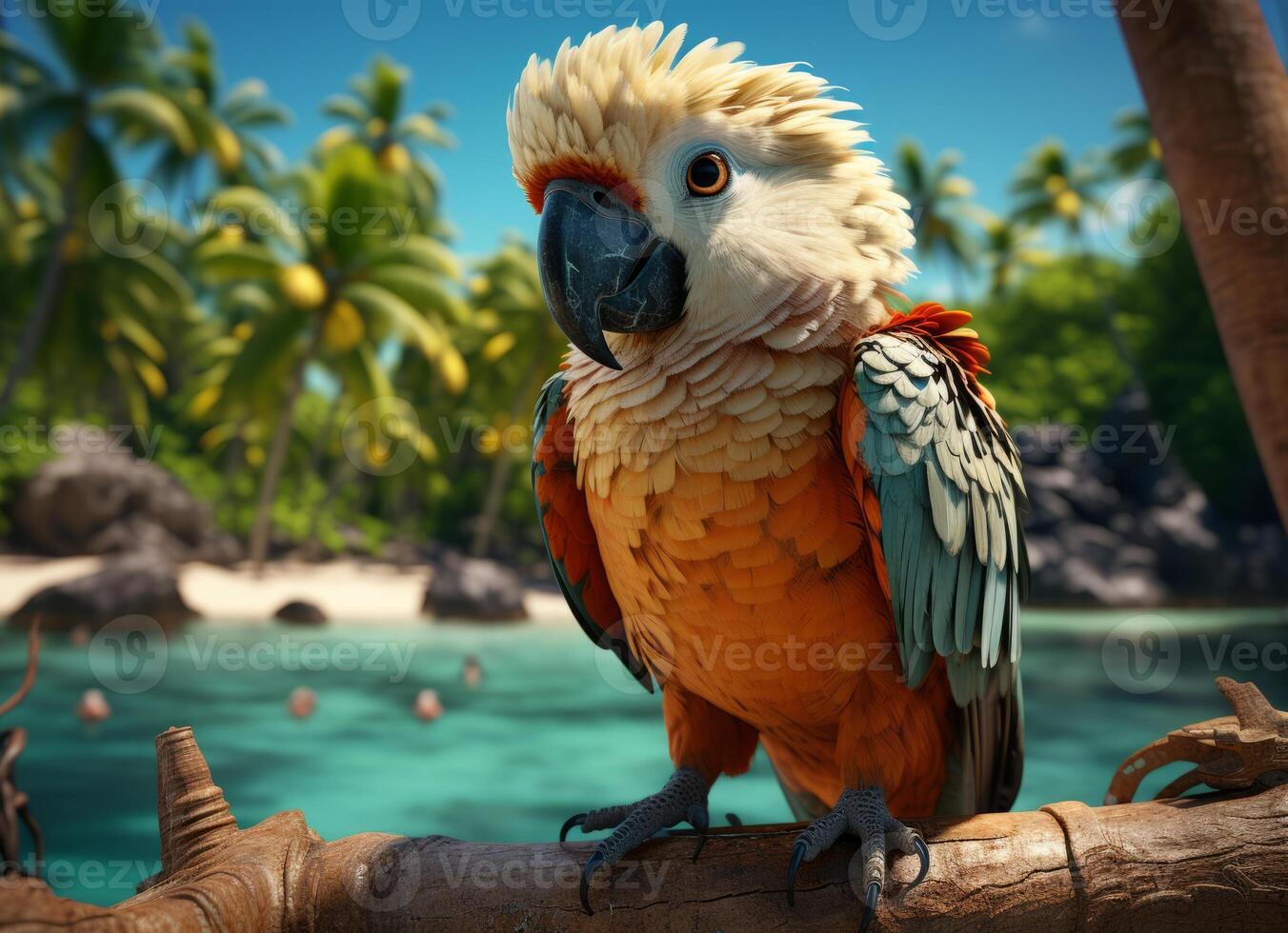 AI generated Parrot on the beach with palm trees and blue sky background. photo