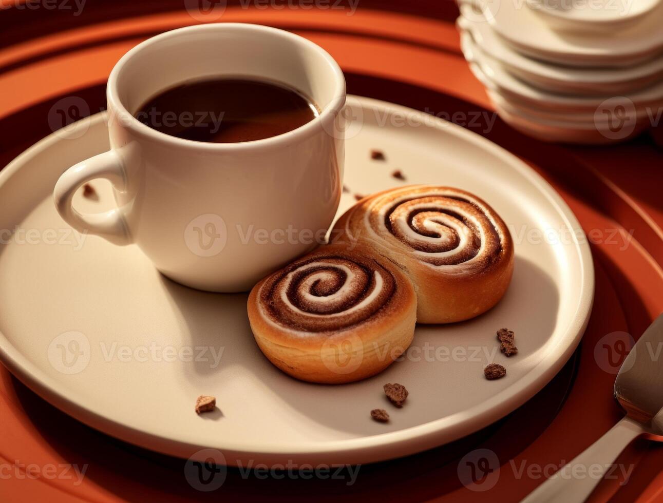 AI generated Freshly baked cinnamon rolls on rustic kitchen photo