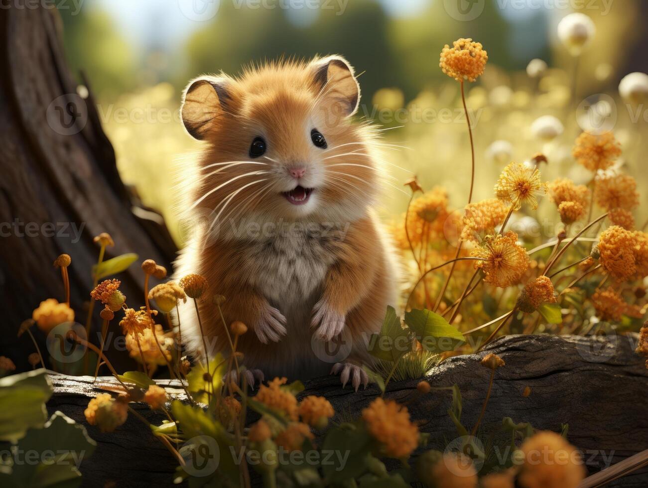 AI generated Hamster sits on a branch in the grass in a meadow photo