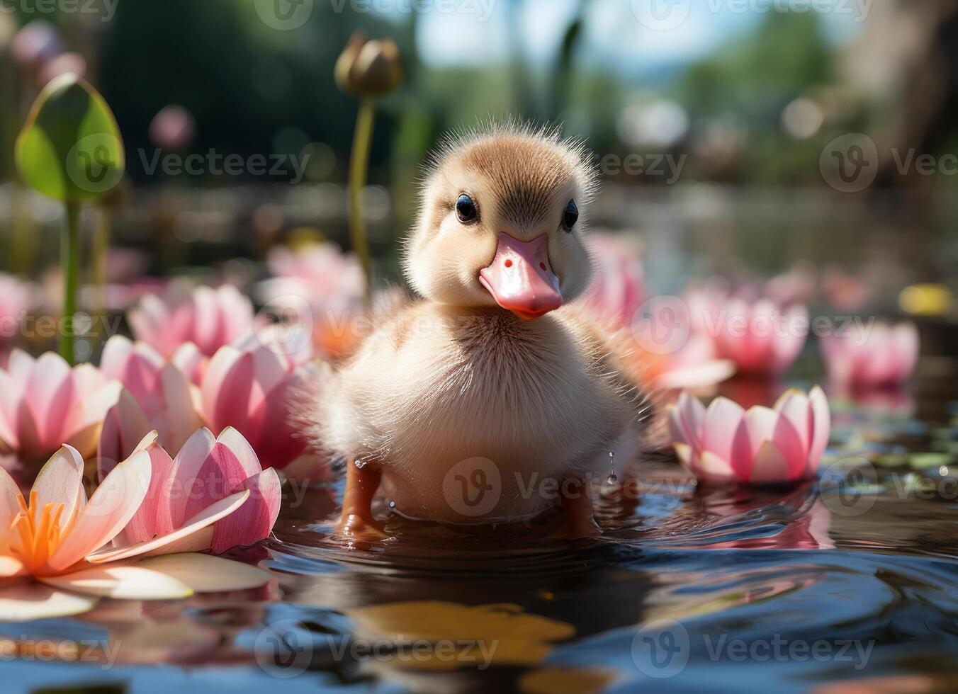 AI generated Little duckling swimming in a lake with pink water lilies. photo