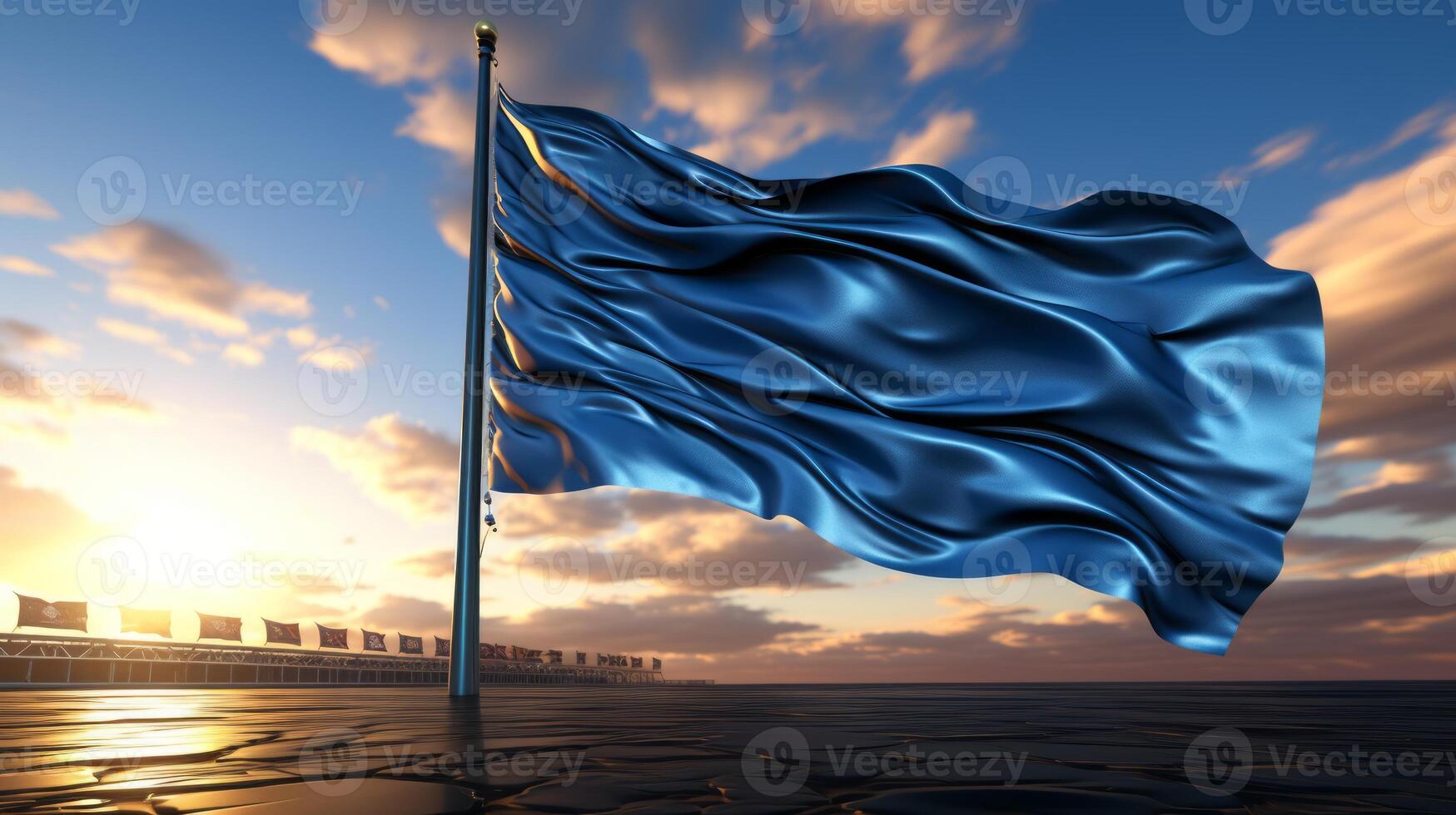 AI generated 3d rendering of a blue flag waving in the wind against a cloudy sky photo