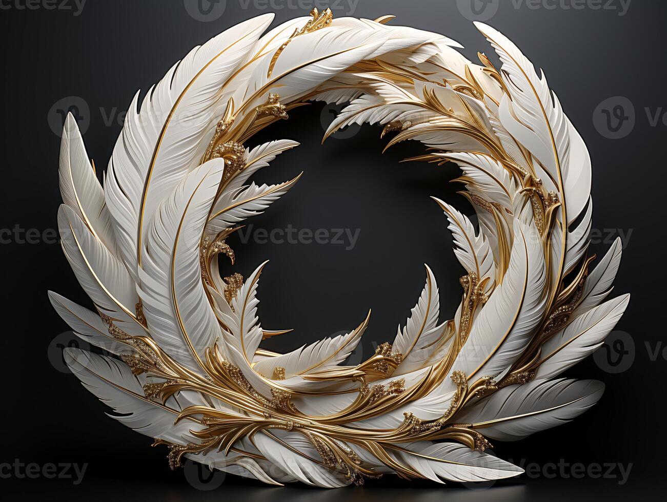 AI generated Beautiful golden and white feathers on a black background. photo