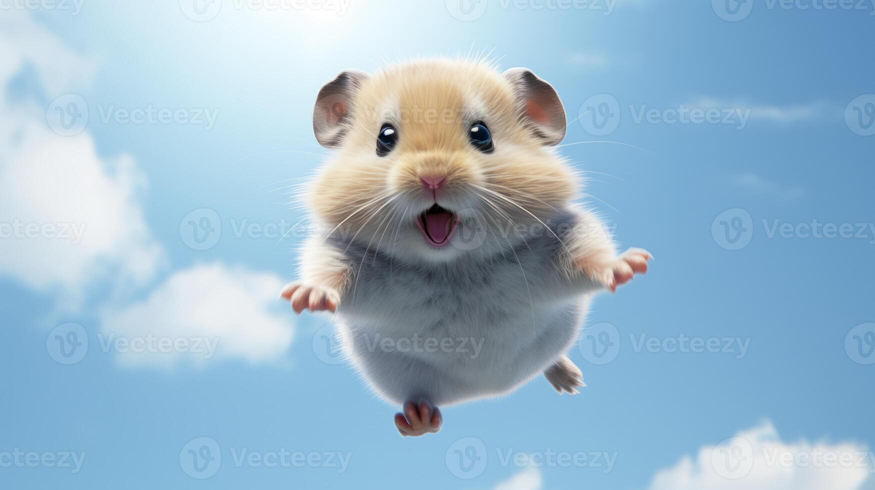AI generated Flying cute little hamster character on blue sky background. photo