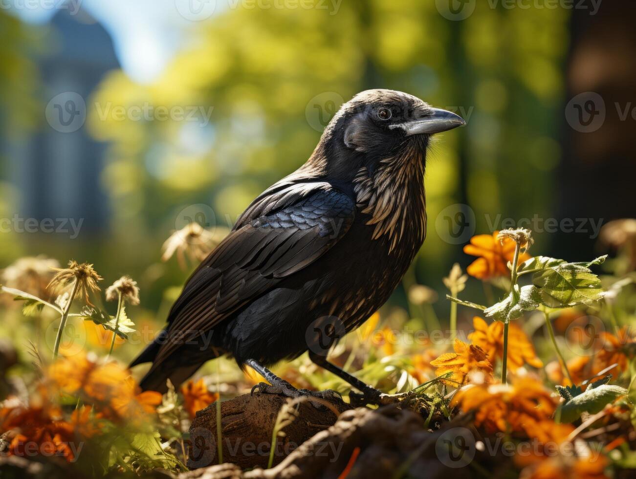 Raven perched on a branch in the forest photo