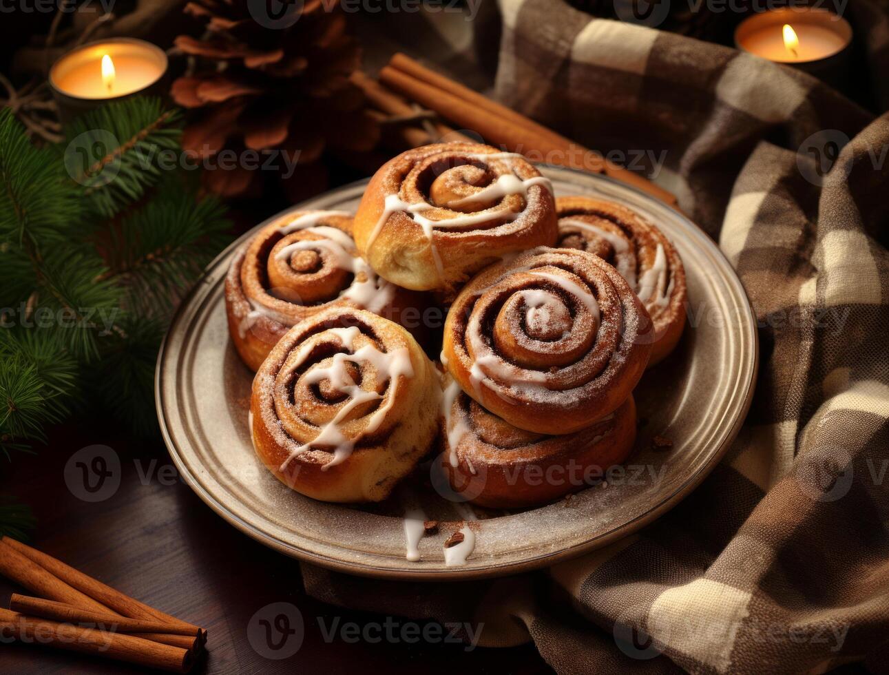 AI generated Freshly baked cinnamon rolls on rustic kitchen photo