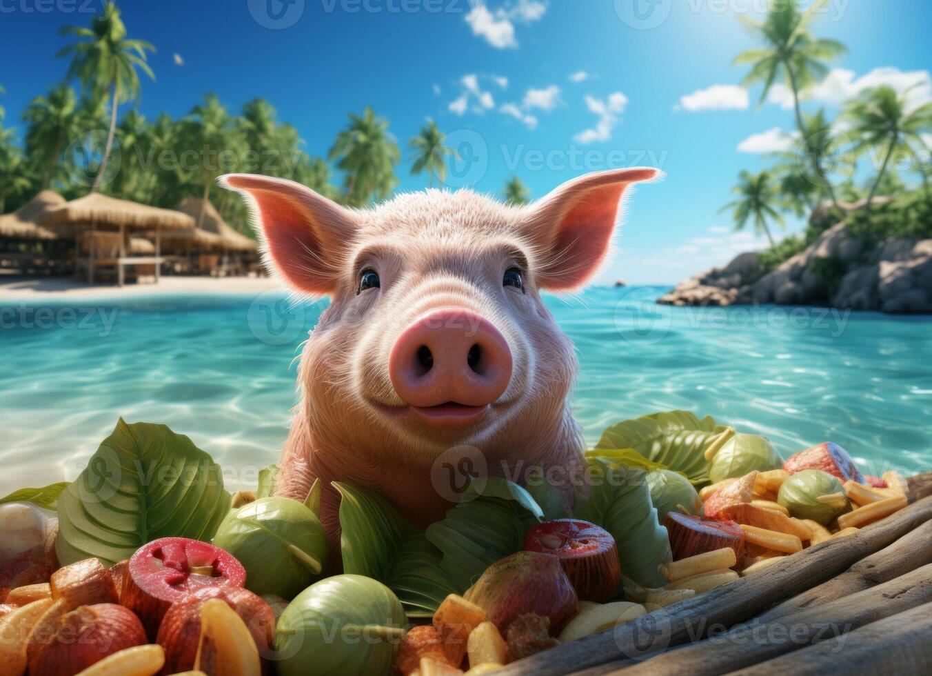 AI generated Cute pig swimming in tropical sea, summer vacation concept. photo