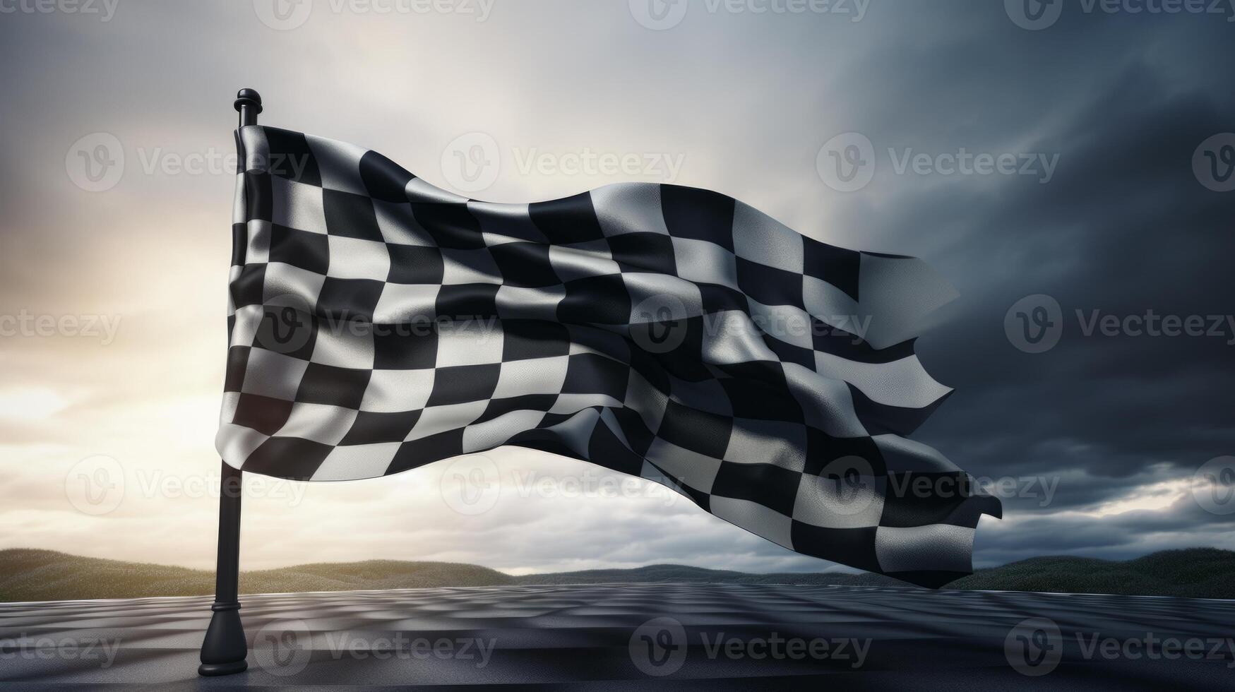 AI generated Race flag waving in the wind over asphalt road with cloudy sky background photo