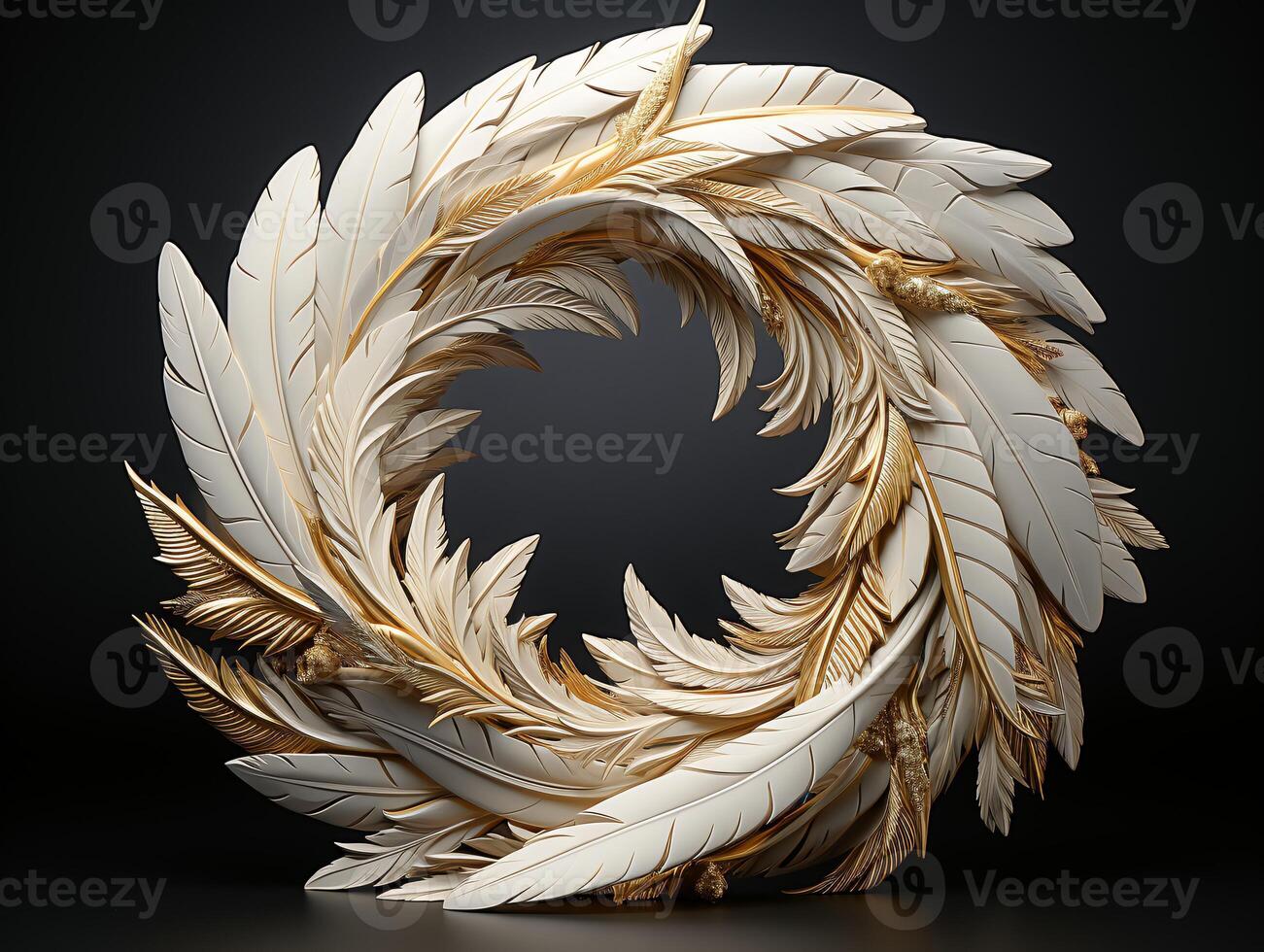 AI generated Beautiful golden and white feathers on a black background. photo