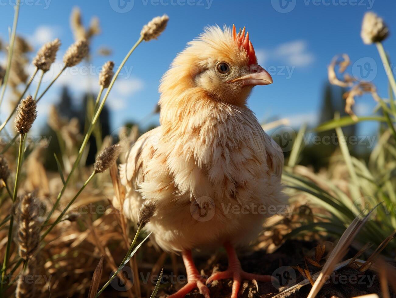 AI generated Chicken in the meadow on a background of wildflowers photo