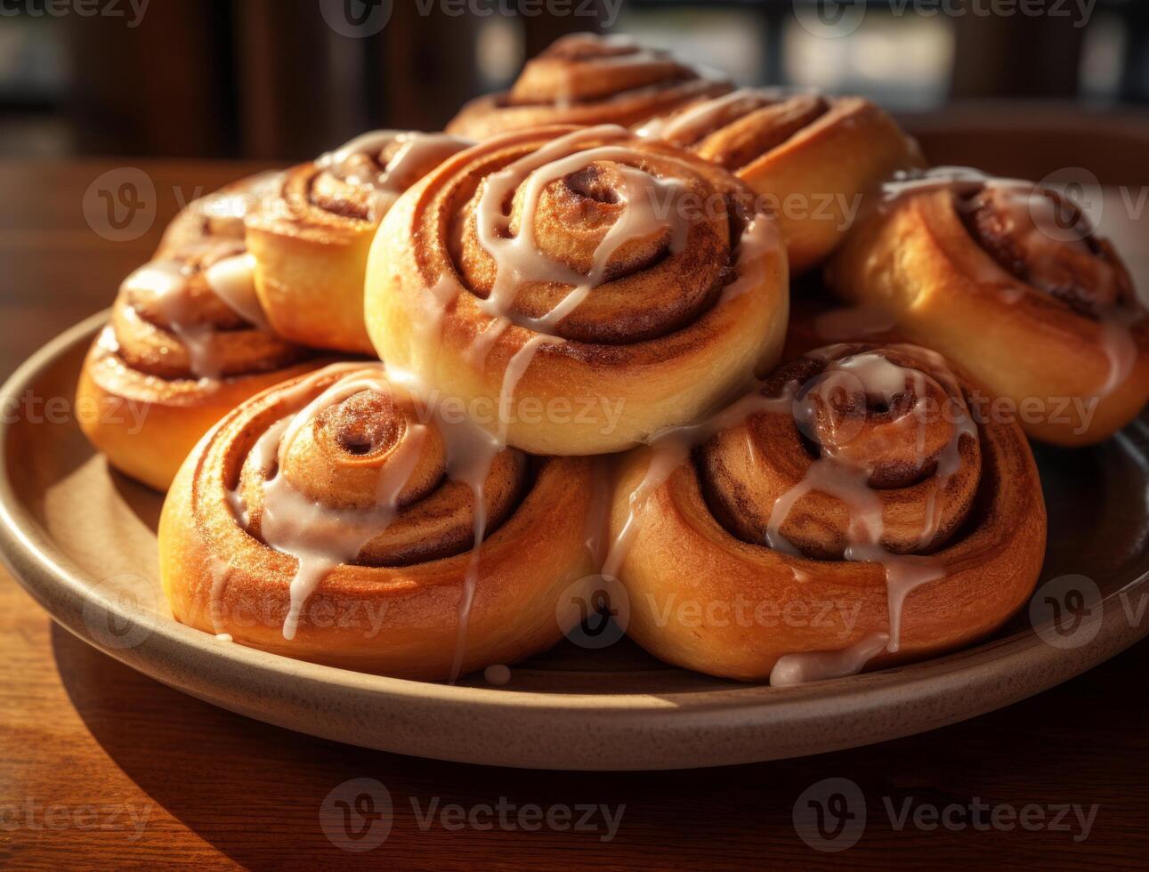 AI generated Freshly baked cinnamon rolls on rustic kitchen photo