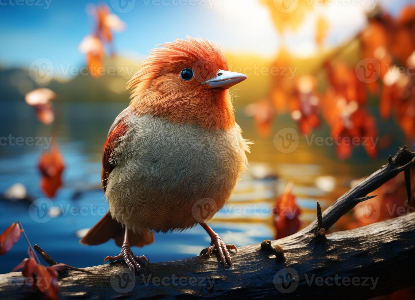 Red headed cardinal bird on the shore of the Mediterranean Sea photo