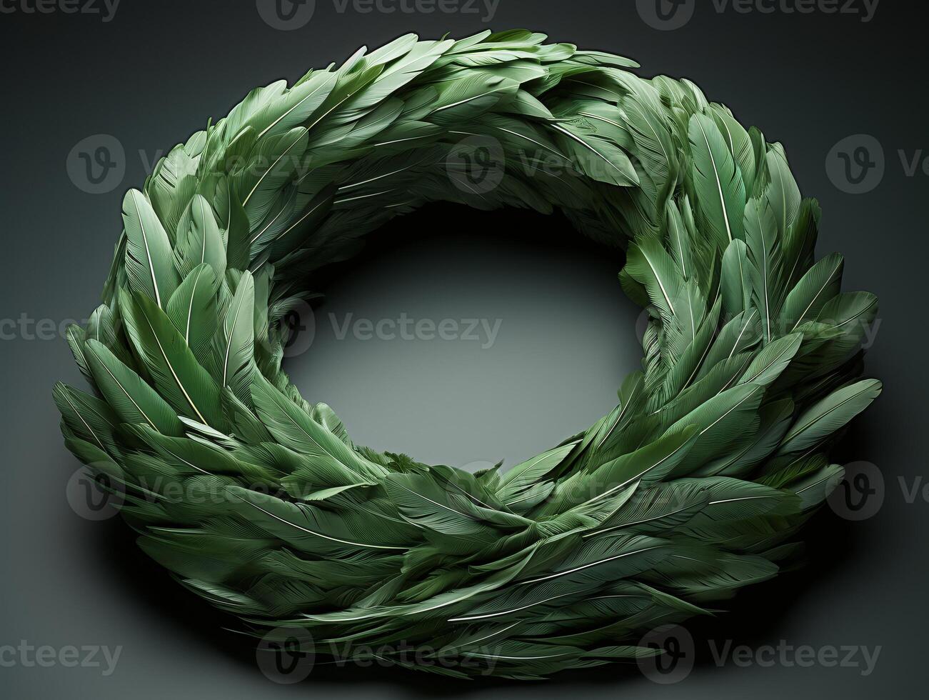 AI generated Christmas wreath with green leaves on black background photo