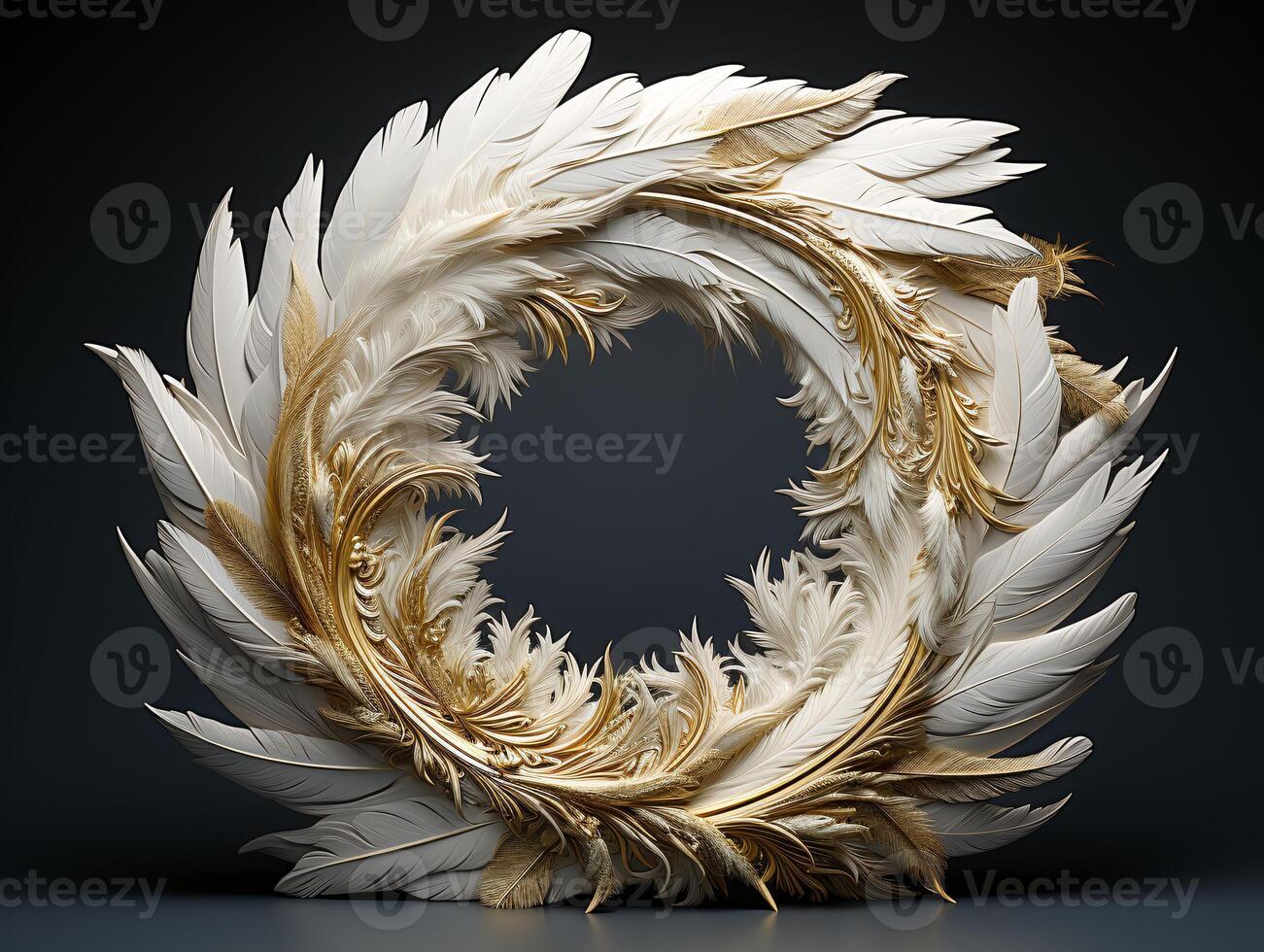 AI generated Beautiful golden and white feathers on a black background. photo