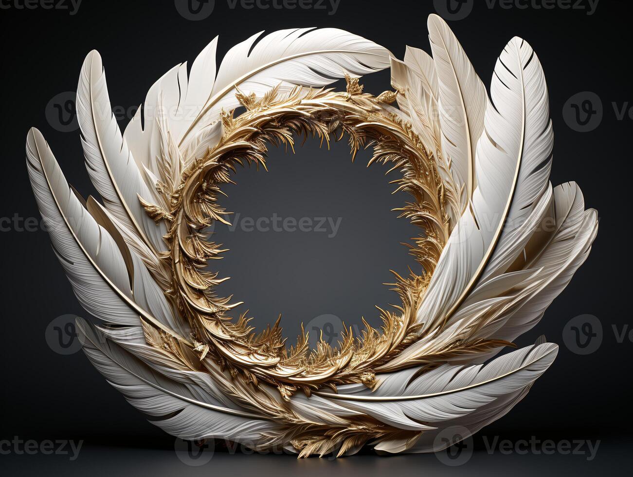 AI generated Beautiful golden and white feathers on a black background. photo