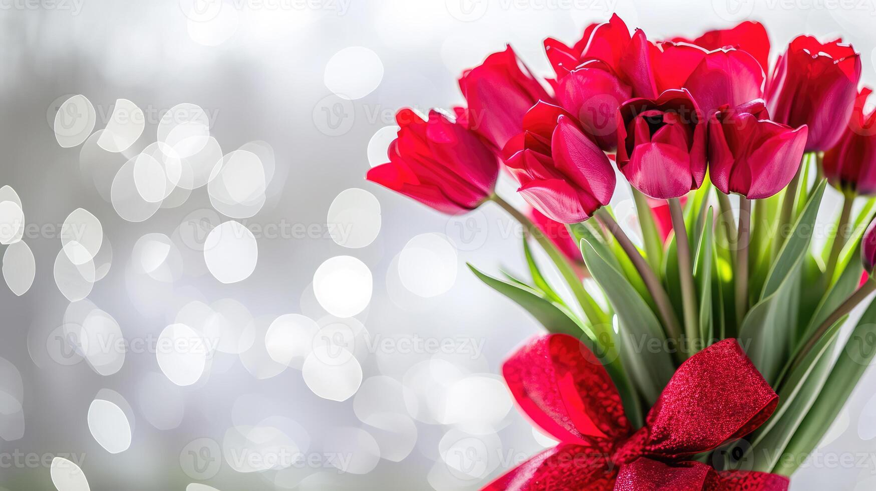 AI Generated Beautiful bouquet of red tulips on bokeh background. Ai generation. photo