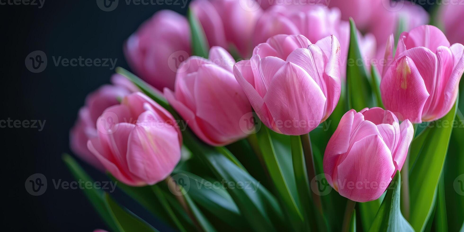 AI Generated Beautiful bouquet of pink tulips on blurred background. Ai generation. photo