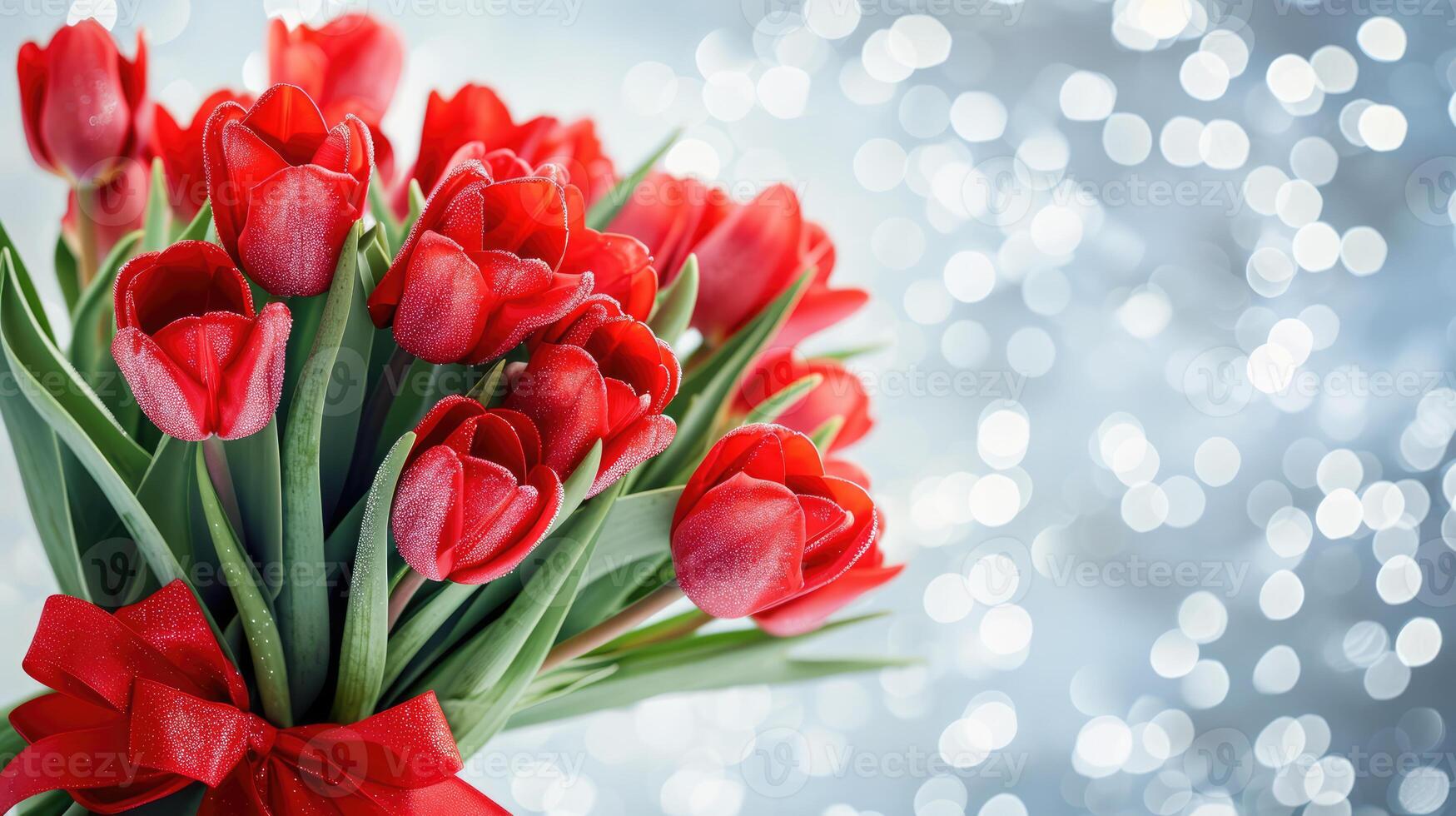 AI Generated Beautiful bouquet of red tulips on bokeh background. Ai generation. photo