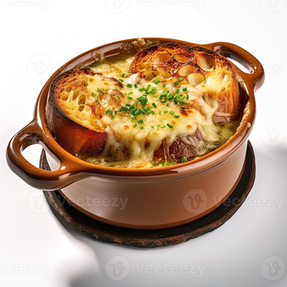 AI generated Onion soup closeup photo