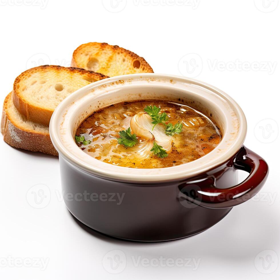 AI generated Onion soup closeup photo