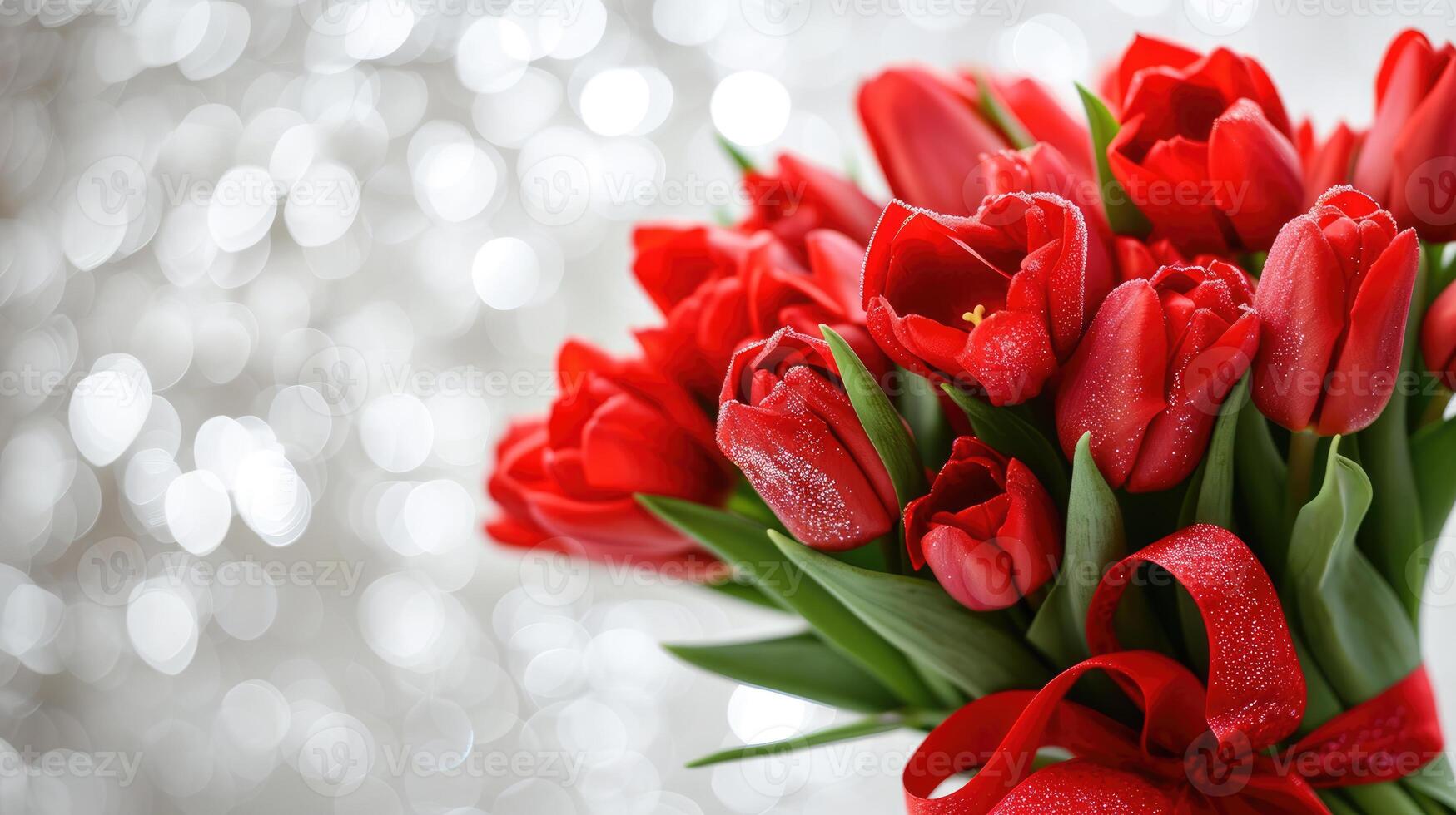 AI Generated Beautiful bouquet of red tulips on bokeh background. Ai generation. photo