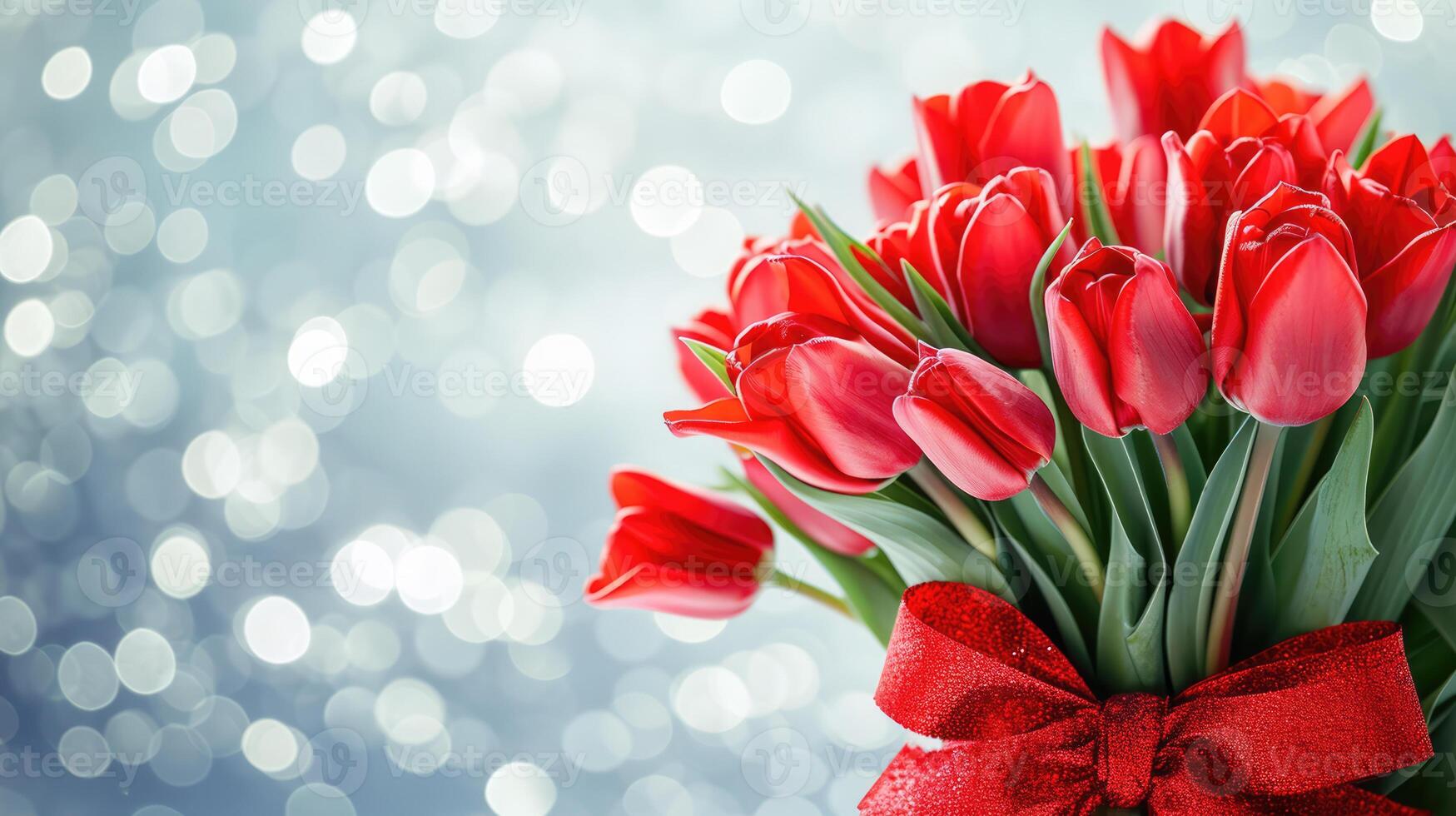 AI Generated Beautiful bouquet of red tulips on bokeh background. Ai generation. photo