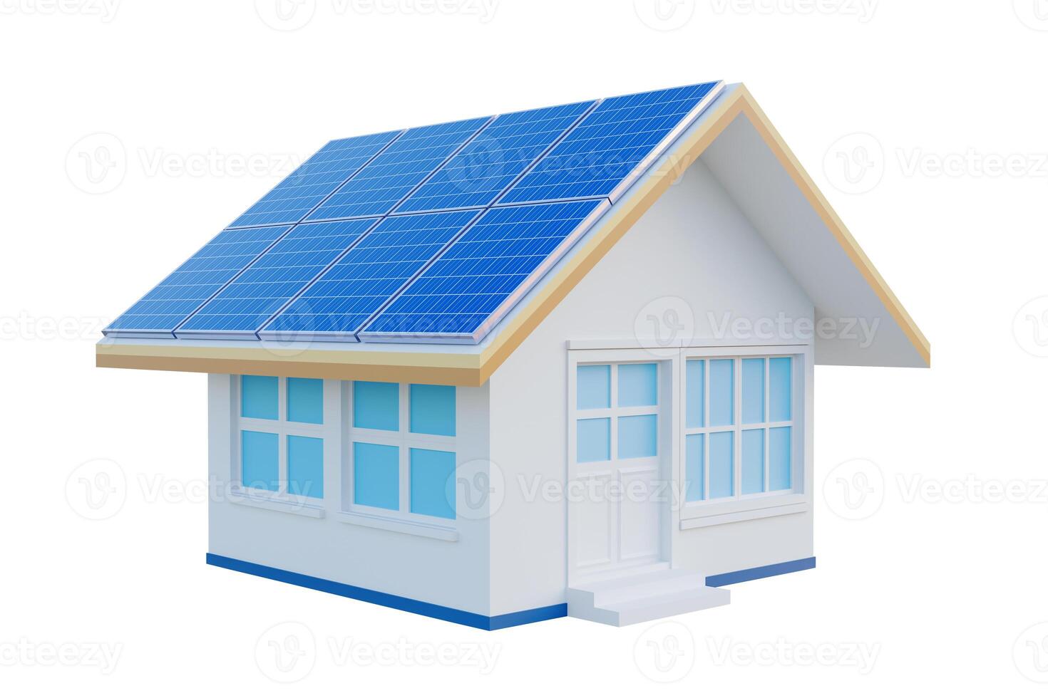 3D rendering of a house with solar photovoltaic panels on the roof. Buildings that use clean energy from the sun modern technology industry - clipping path photo