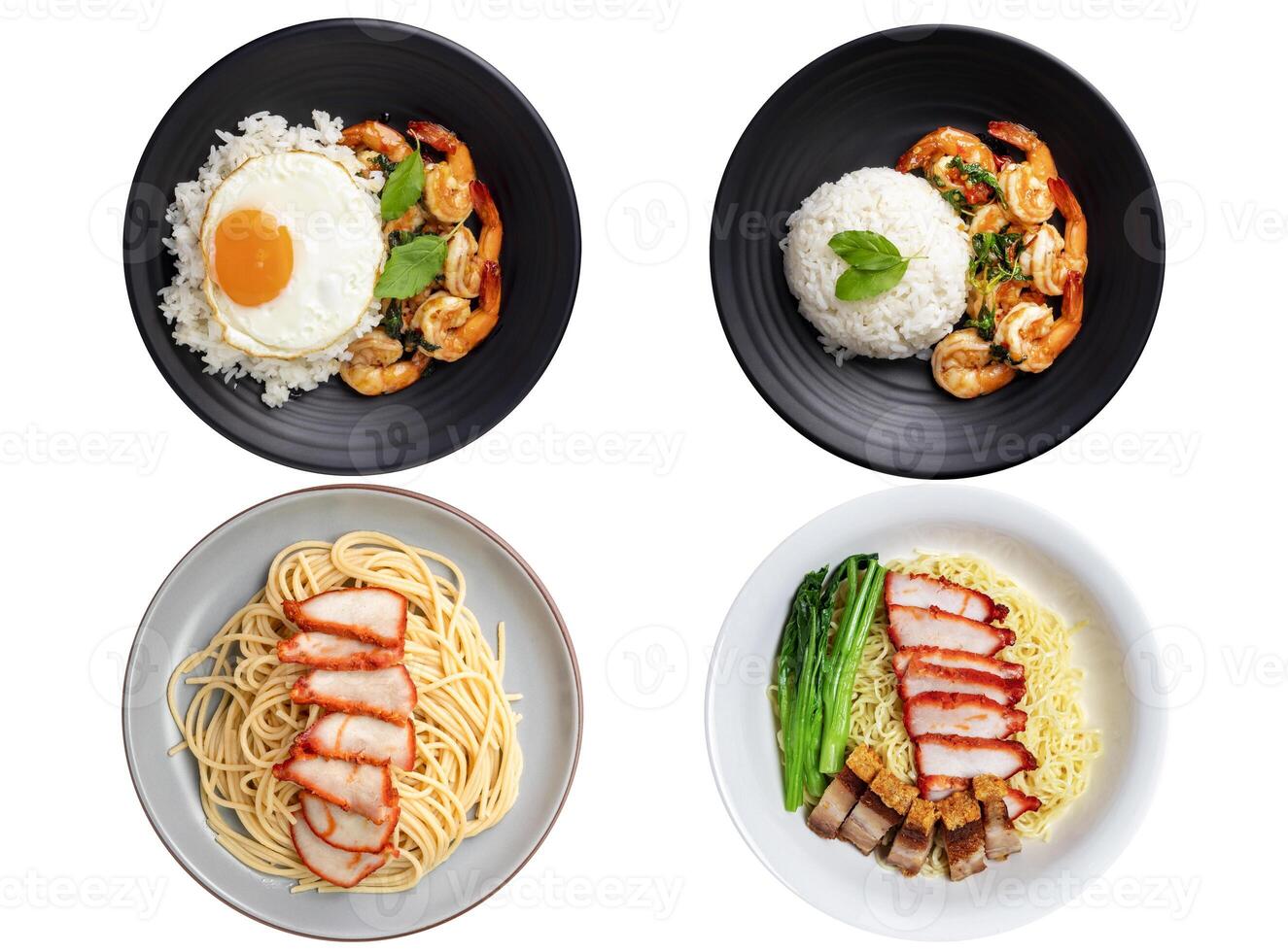 Top view of stir-fried shrimp with basil and chili With noodles, red pork, crispy pork in a plate, Thai food, separated from the background - clipping path. photo