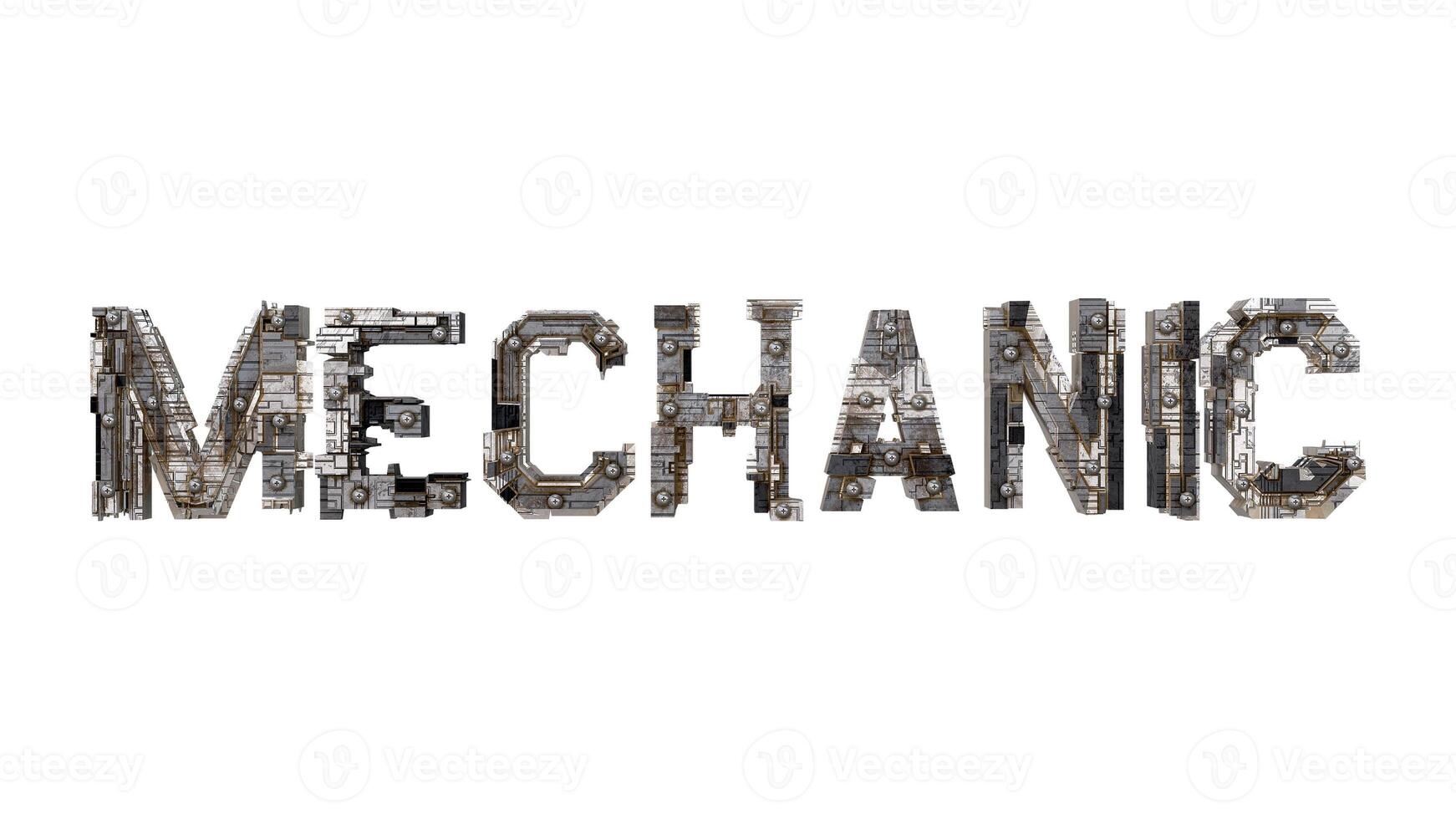 Letters of the word mechanic metallic typography, built with mechanical parts steampunk style isolated on white background photo