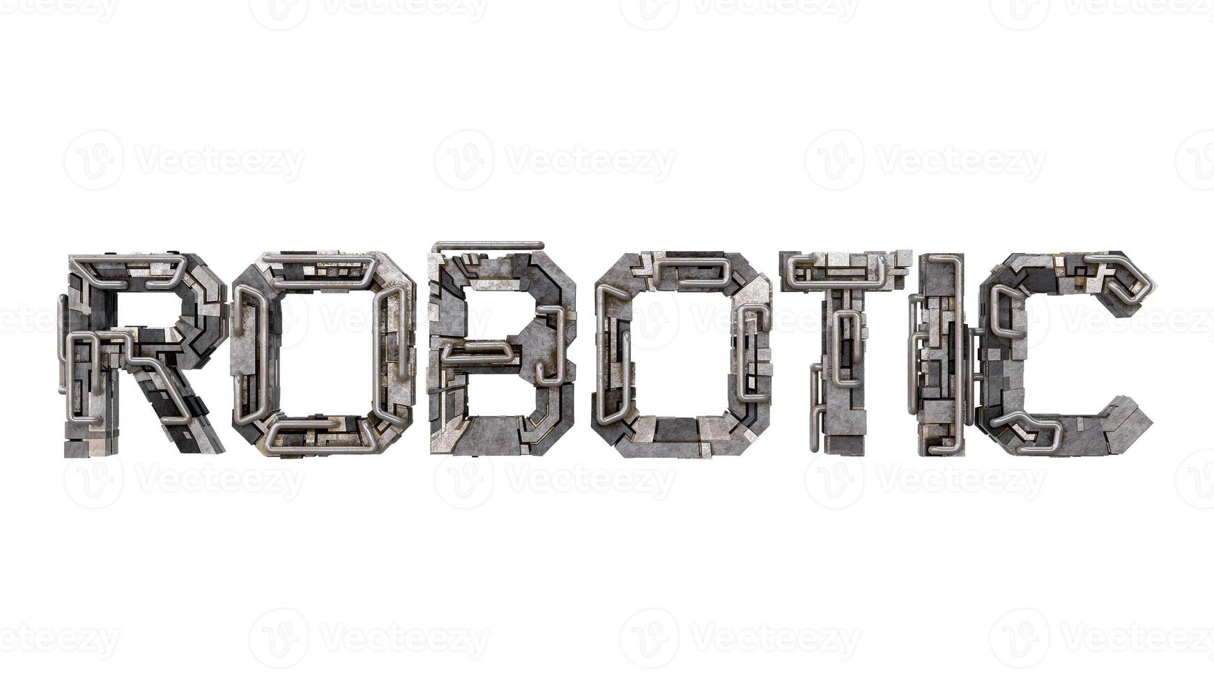 Letters of the word robotic metallic typography, built with mechanical parts steampunk style isolated on white background photo