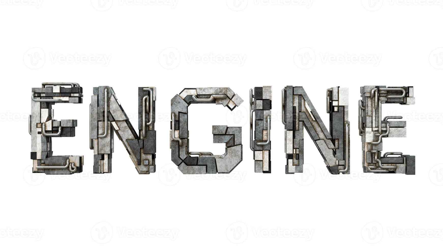 Letters of the word engine metallic typography, built with mechanical parts steampunk style isolated on white background photo