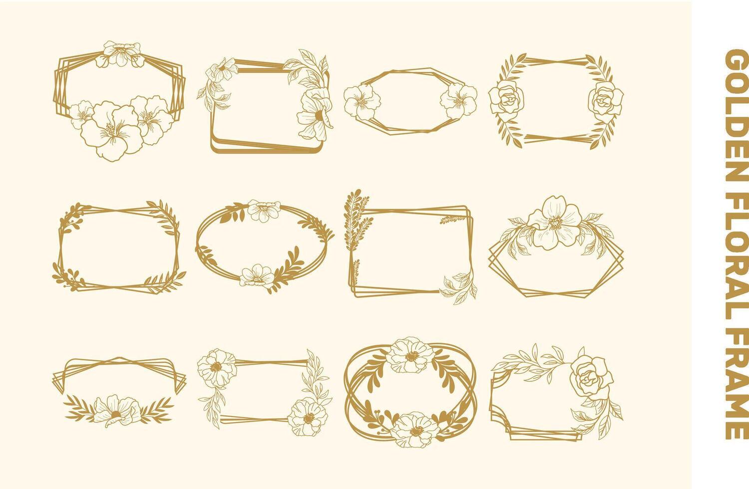 Golden floral wedding frame illustration set vector