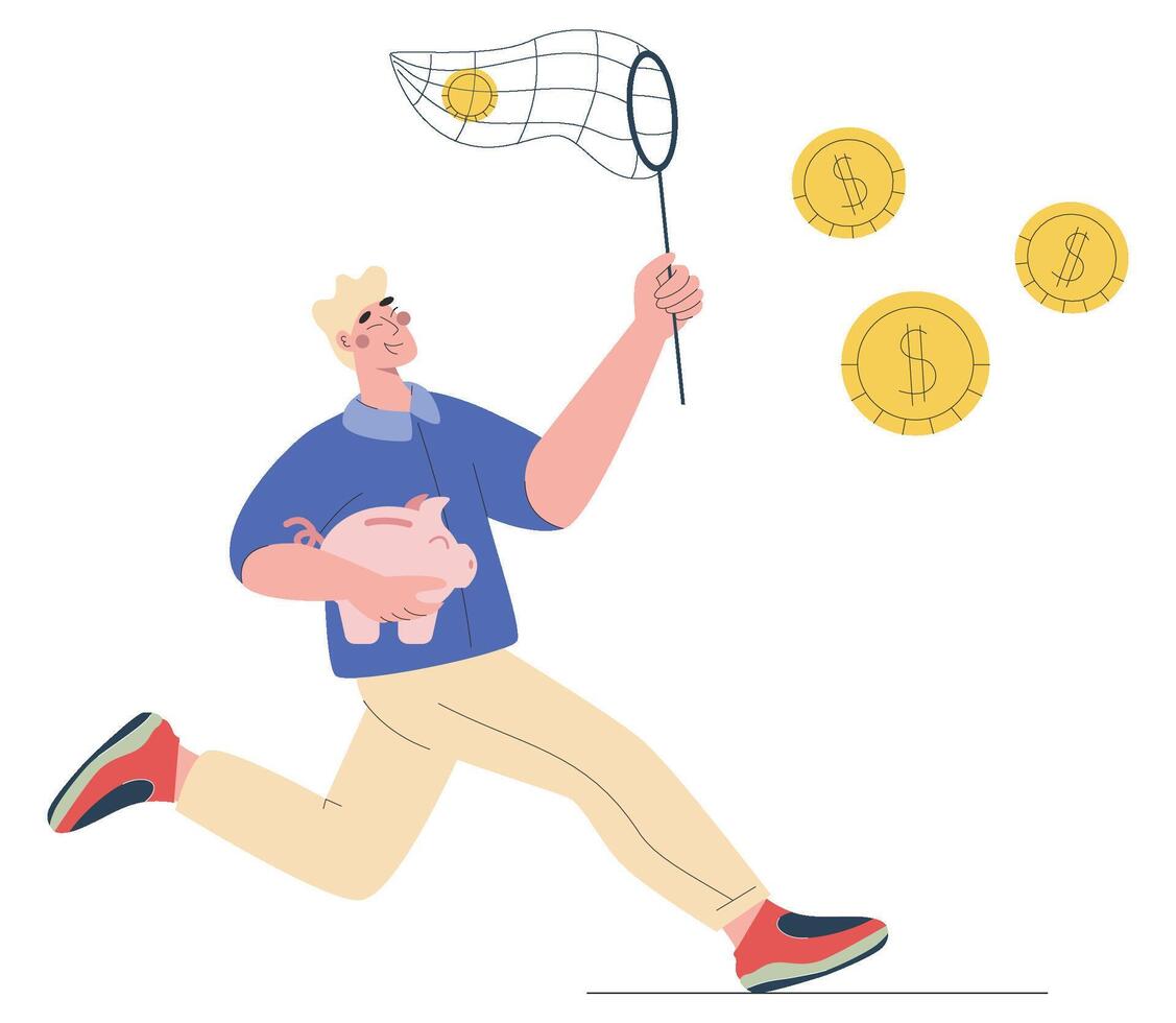 A young man holding a piggy bank in hand and catch coins with a net. Vector flat illustration for website or ui ux design