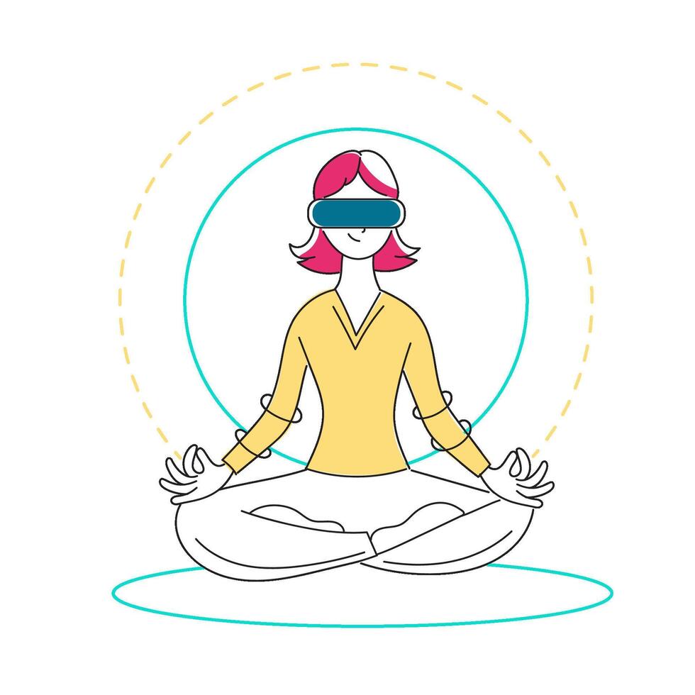 rosado pelo niña en vr auriculares haciendo yoga o meditación. virtual serenidad digital sueño. moderno tecnología. futurista experiencia. vector ilustración en plano estilo