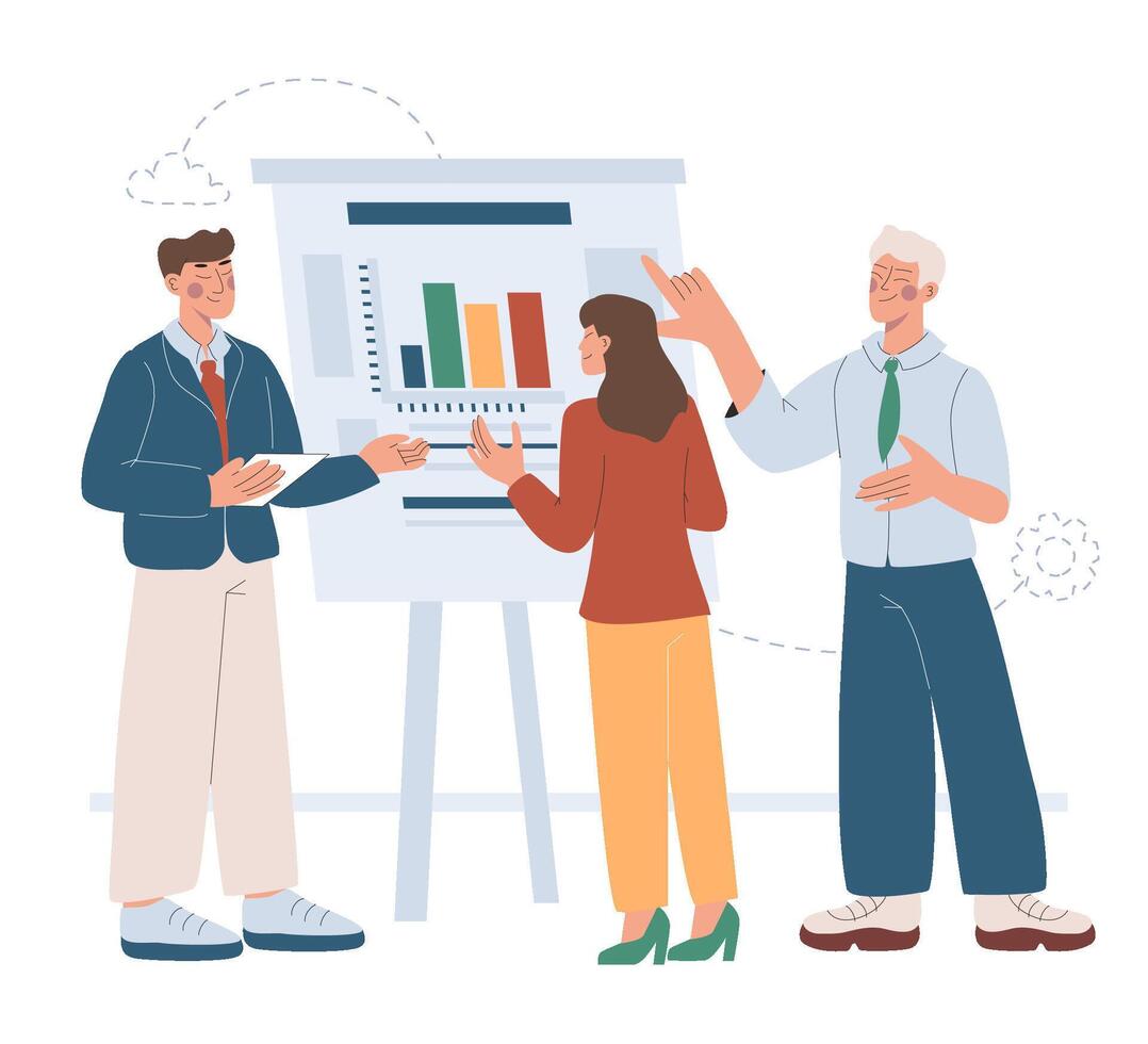 Office team analyzing data near whiteboard. Business concept. Vector flat illustration for website or ui ux design