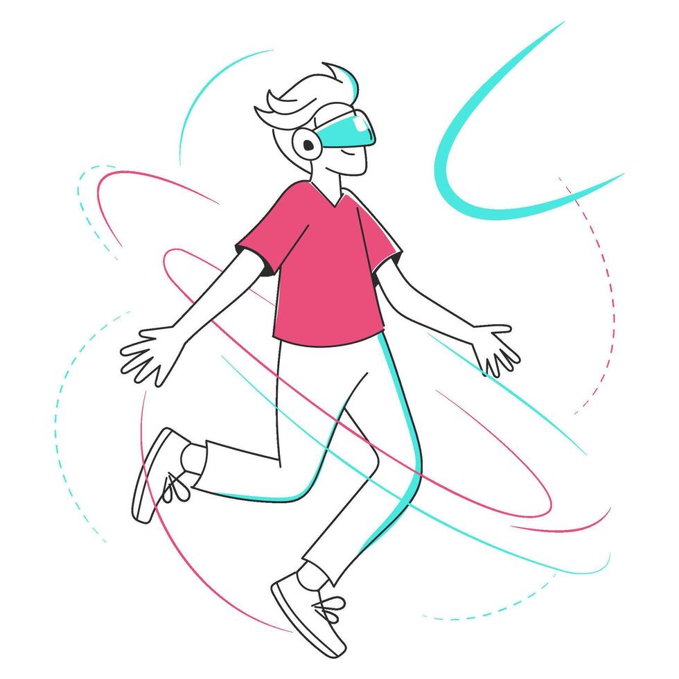 A boy uses VR glasses to explore virtual reality. Concept of modern technologies. Vector illustration for web or ui ux design