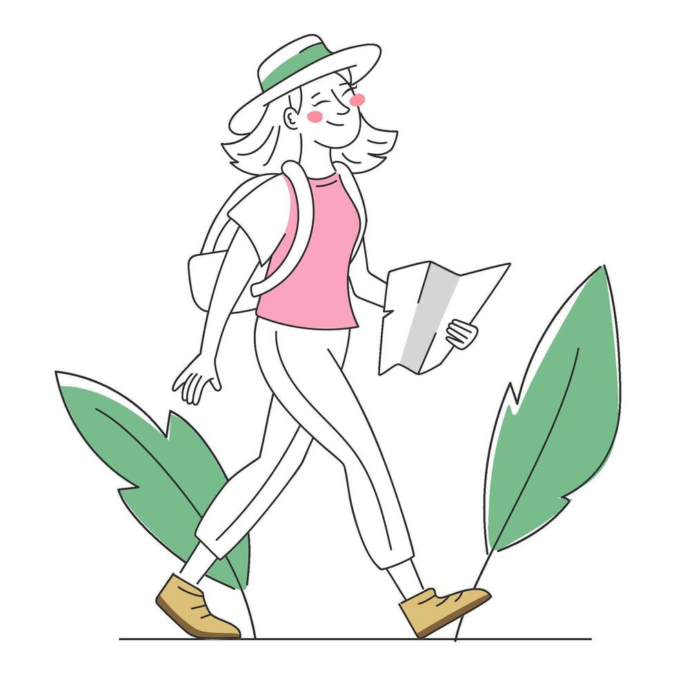 vector plano ilustración de joven turista niña con bolso y mapa caminando. viaje concepto