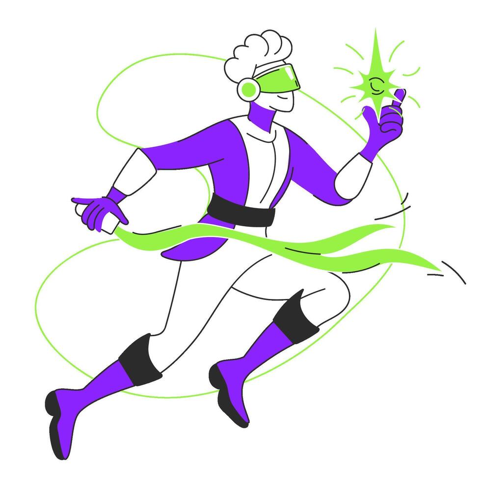 A young man in VR glasses with a sword playing a video game and catching objects. Modern technology concept. Vector flat illustration for website or ui ux design