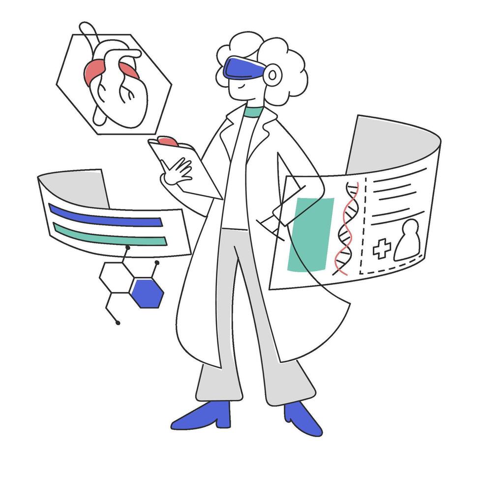 Immersive Healthcare Vector Illustration of a VR-Enabled Doctor Practicing Medicine for Advanced Patient Care. VR technology. Vector flat illustration for website or ui ux design