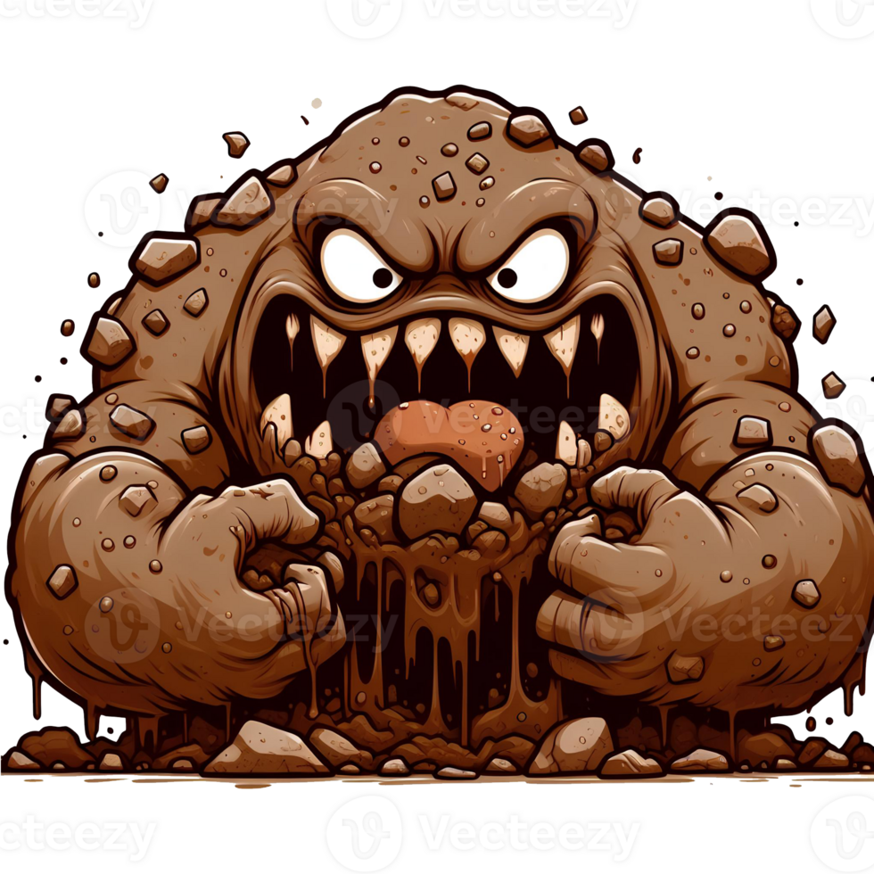 AI generated mud monster cartoon eating stone illustration png