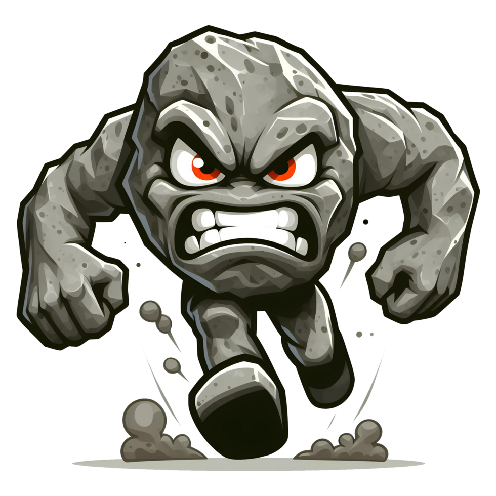 AI generated Angry Rock or Stone Monster Running Front View, Cartoon Style Transparent Background png
