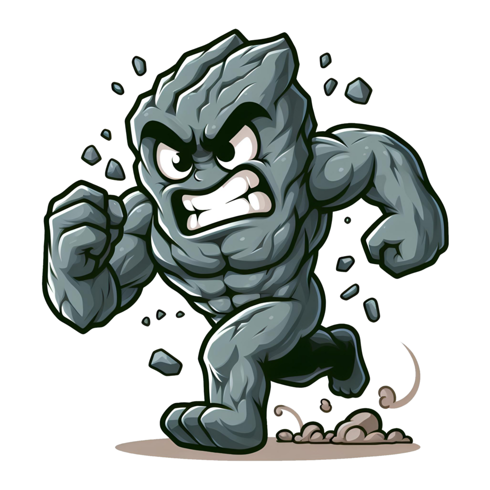 AI generated Angry Rock or Stone Monster Running Front View, Cartoon Style Transparent Background png