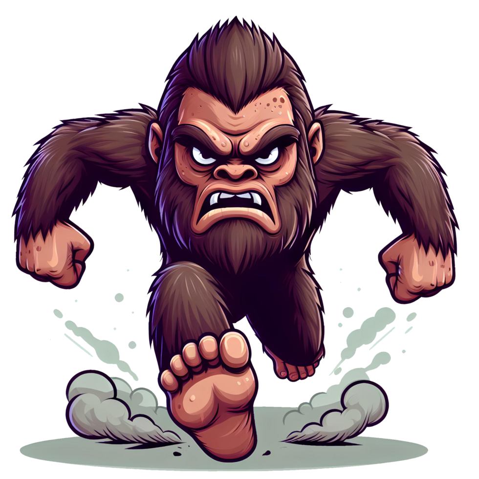 ai généré en colère bigfoot fonctionnement de face voir, dessin animé style transparent Contexte png