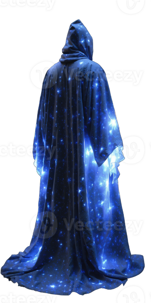 AI generated Full length portrait of blue witcher and fantasy cloak. Standing pose with glowing in the dark costume, isolated on transparent background. png