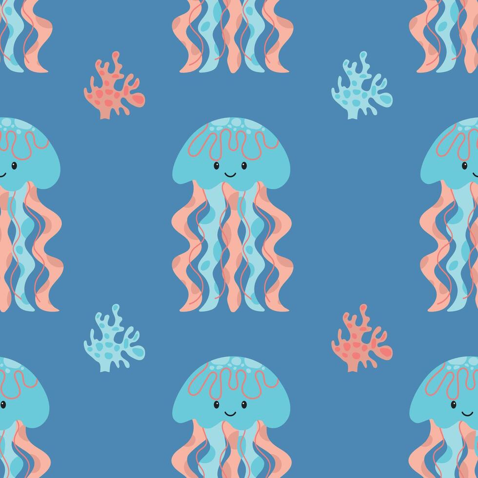 Seamless pattern with cute cartoon jellyfish. Vector illustration.