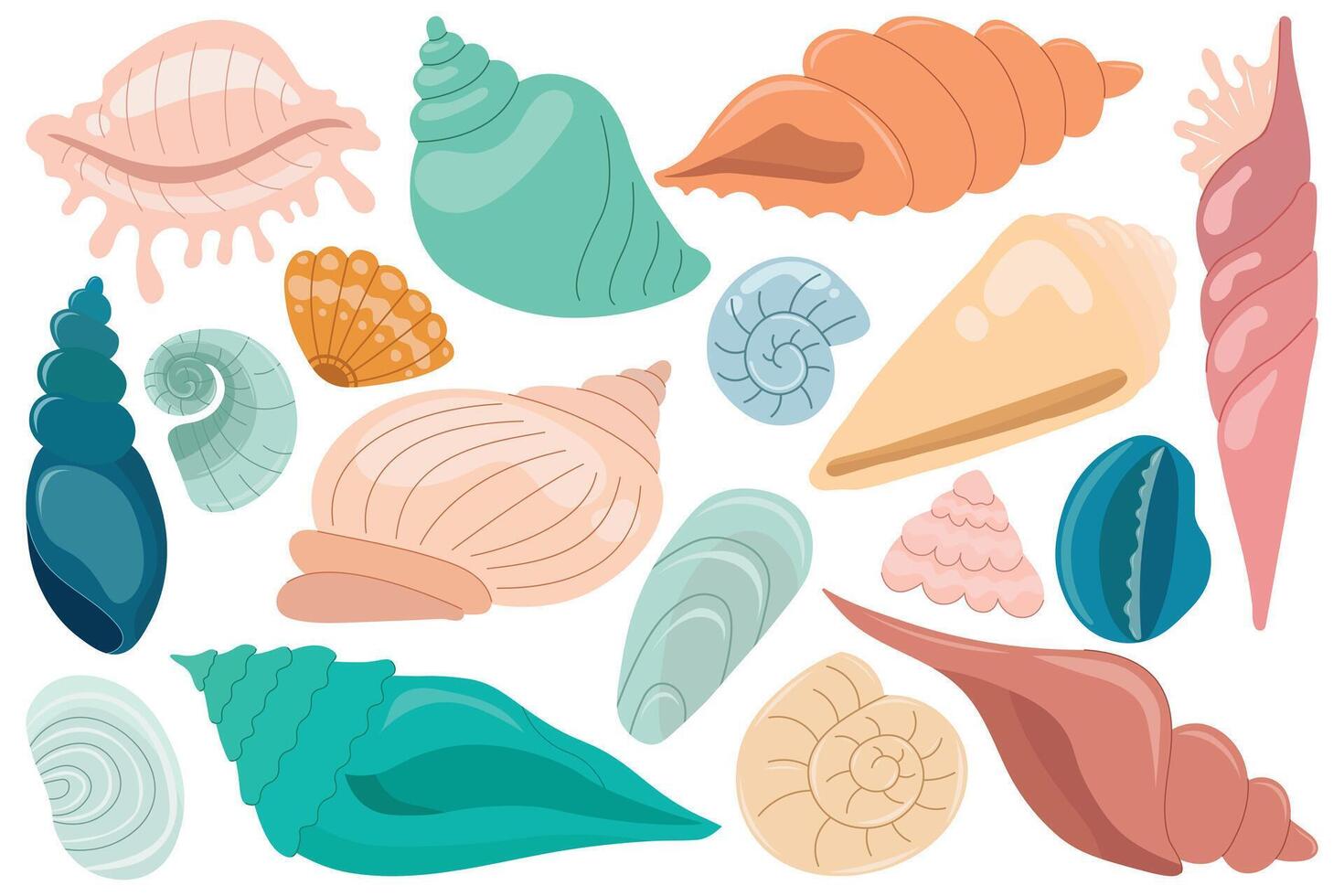 Set of cute seashells in cartoon style. Vector flat illustration.