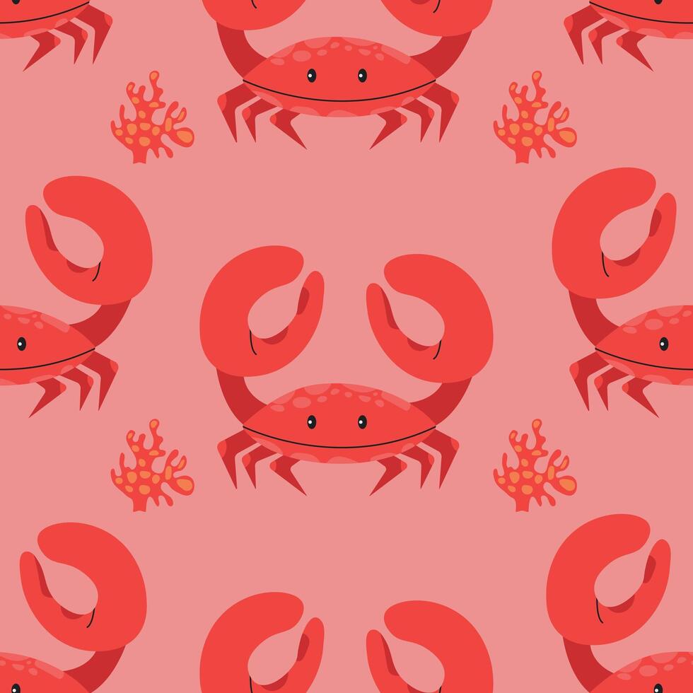 Seamless pattern with red crabs on pink background. Vector illustration.